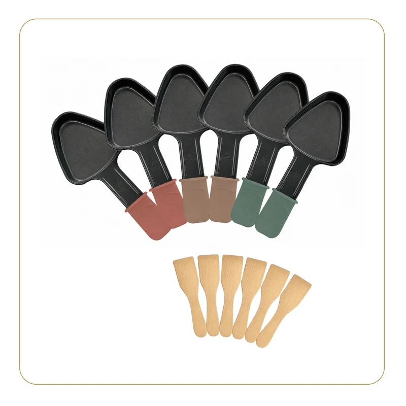 Lot de 6 poêlons à raclette universels triangulaires tricolores & 6 spatules bois naturel