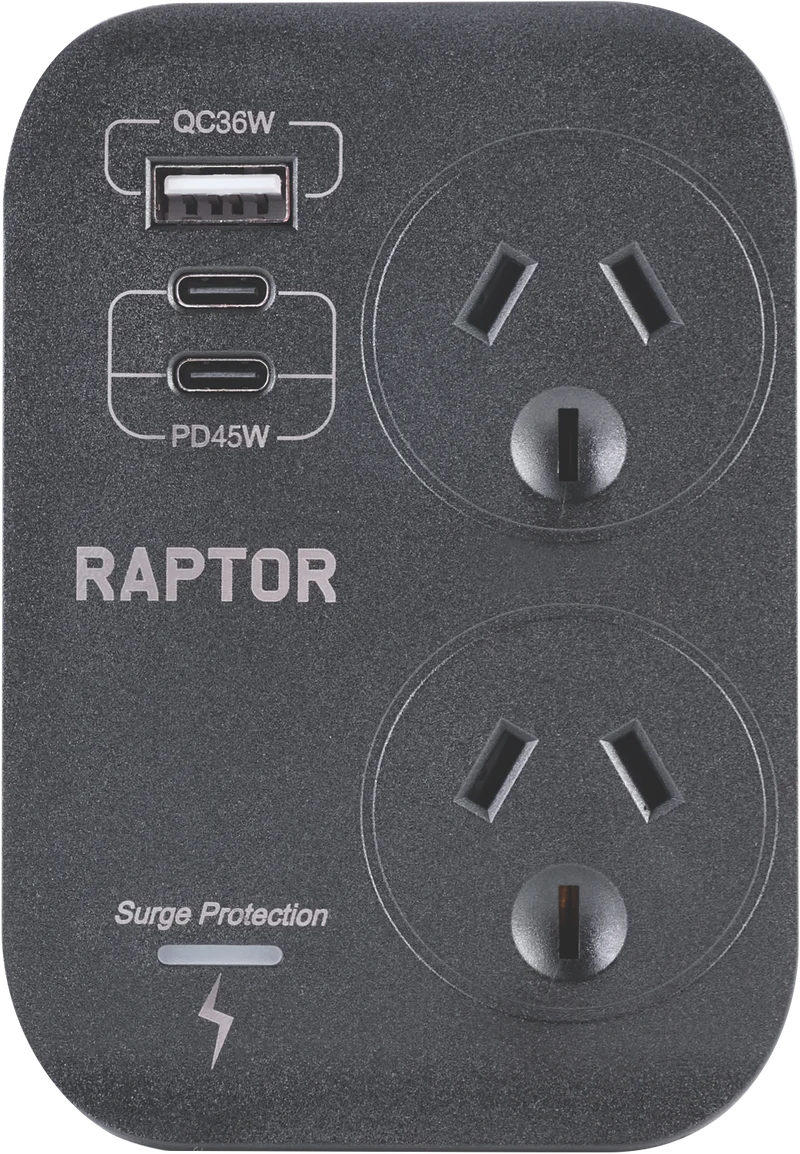 Jackson Surge Protected Double Adaptor w/ 1 x USB-A, 2 x USB-C PD45W